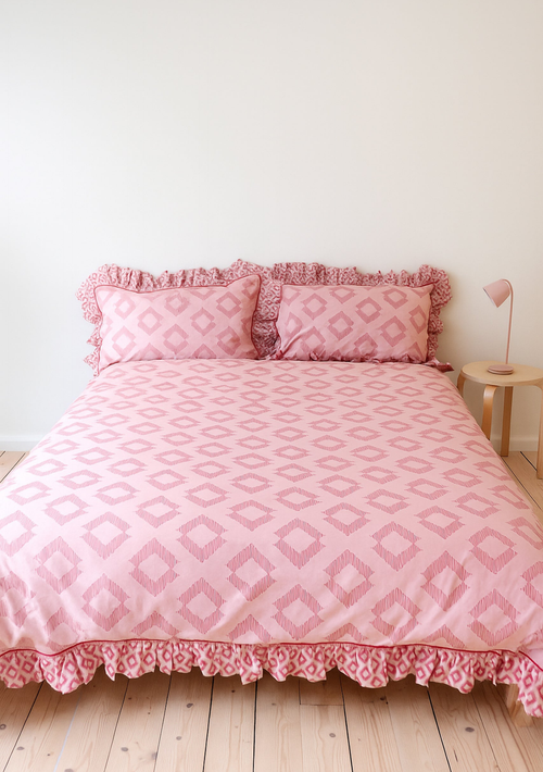 Cotton Duvet Cover & Pillowcases Set in Pink Diamond
