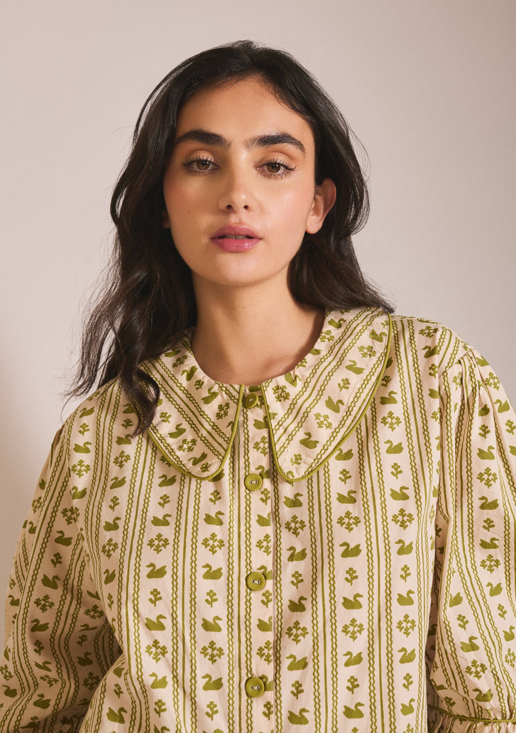 Cropped Cotton Pyjamas in Olive Swan