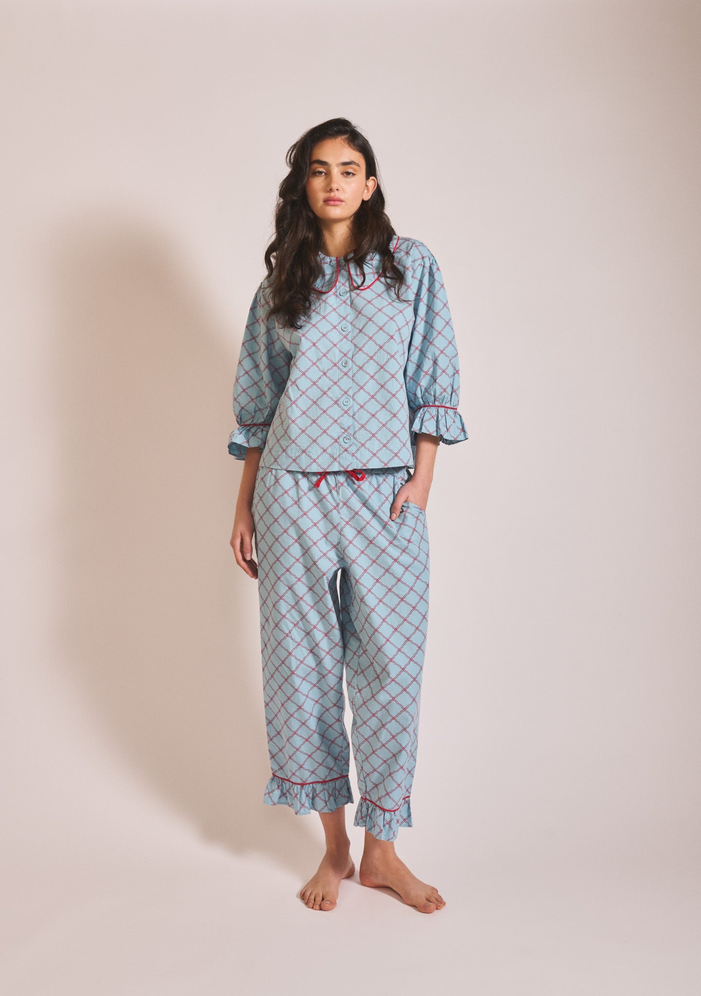 Cropped Cotton Pyjamas in Blue Lattice