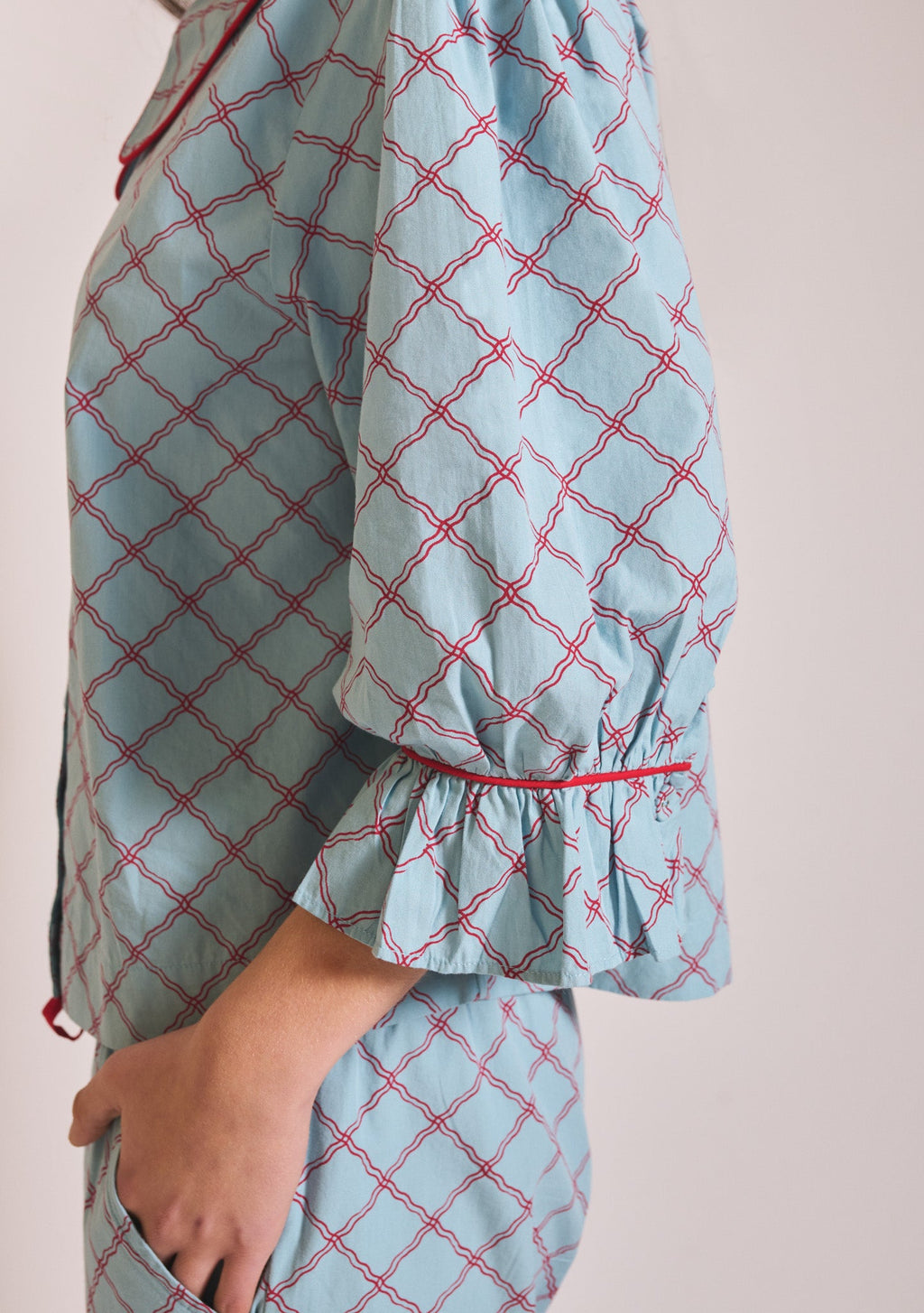 Cropped Cotton Pyjamas in Blue Lattice
