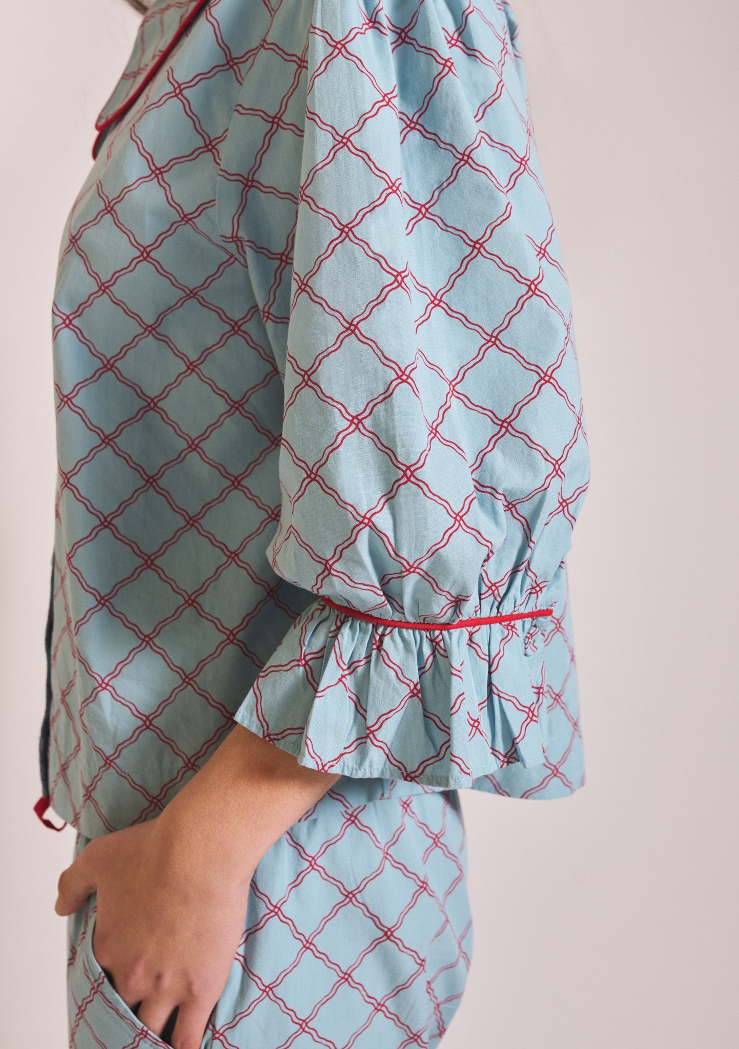Cropped Cotton Pyjamas in Blue Lattice