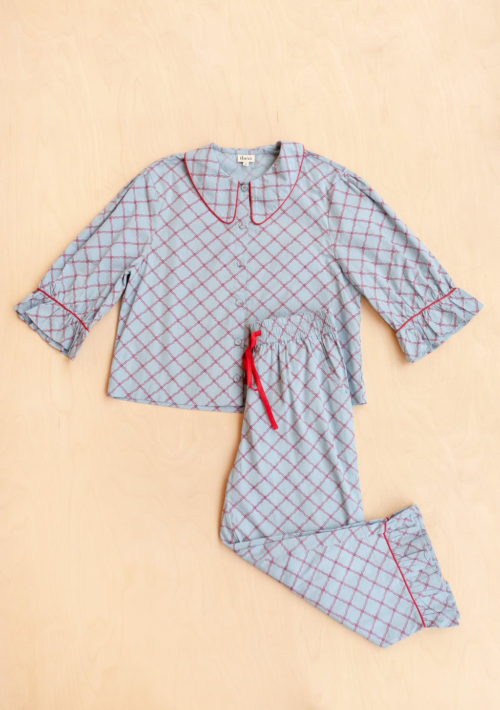 Cropped Cotton Pyjamas in Blue Lattice