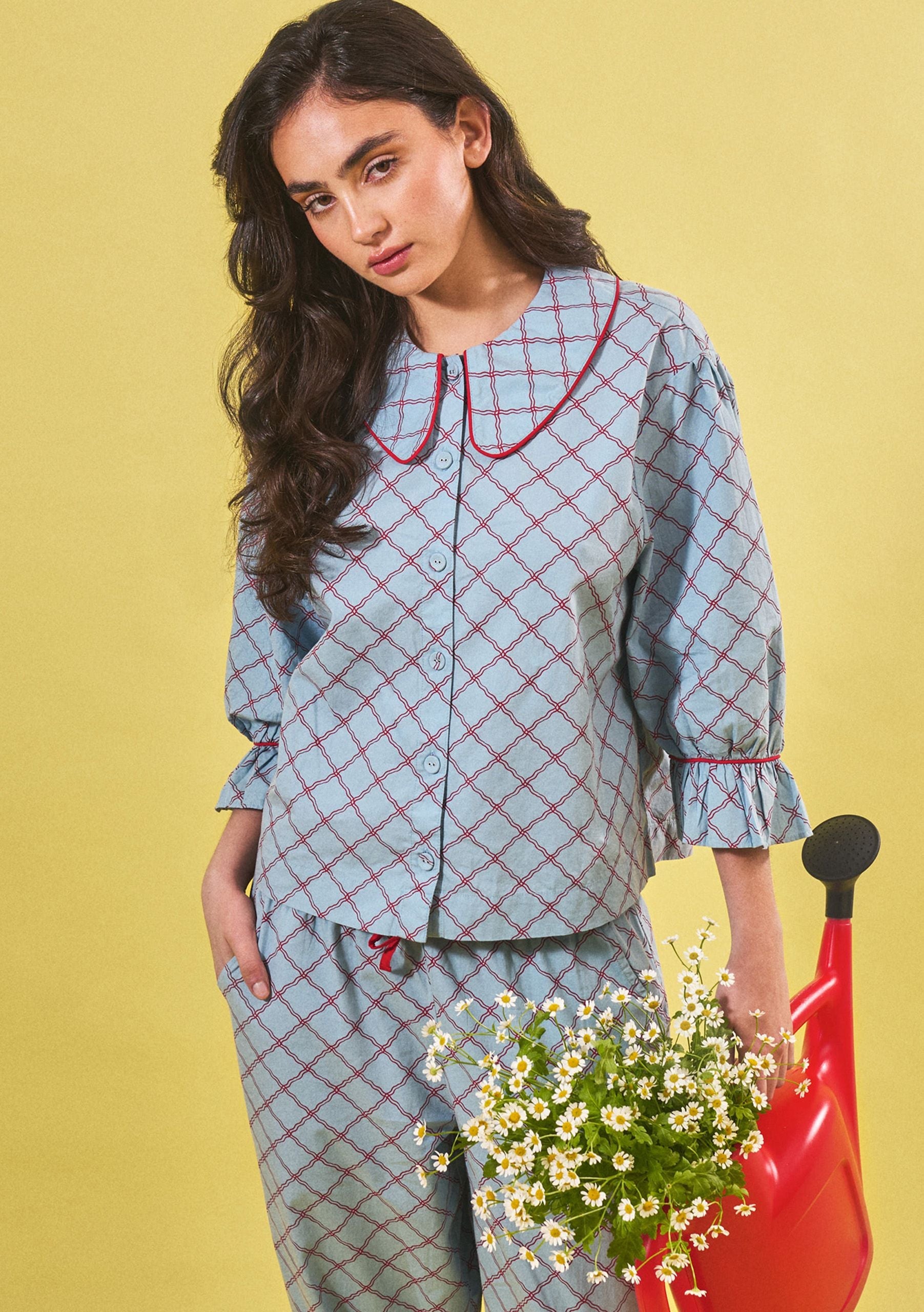 Cropped Cotton Pyjamas in Blue Lattice