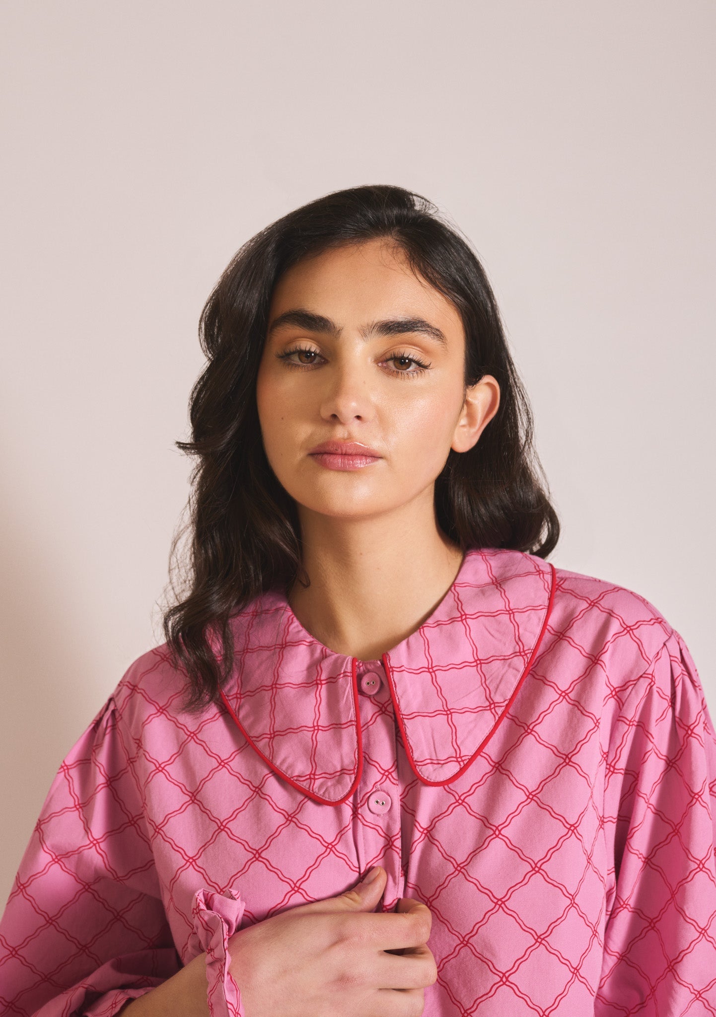 Cropped Cotton Pyjamas in Pink Lattice