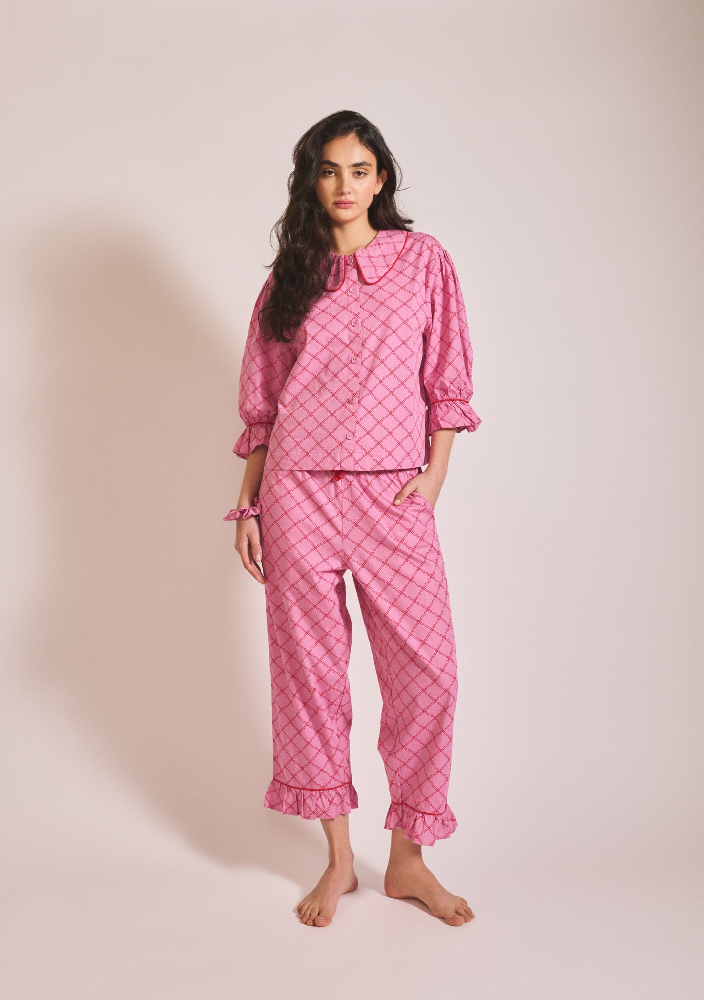 Cropped Cotton Pyjamas in Pink Lattice