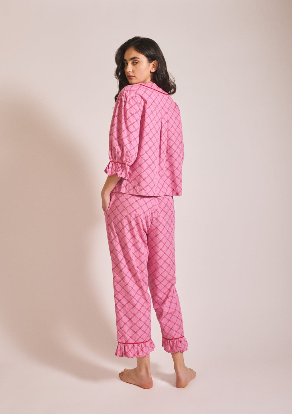 Cropped Cotton Pyjamas in Pink Lattice