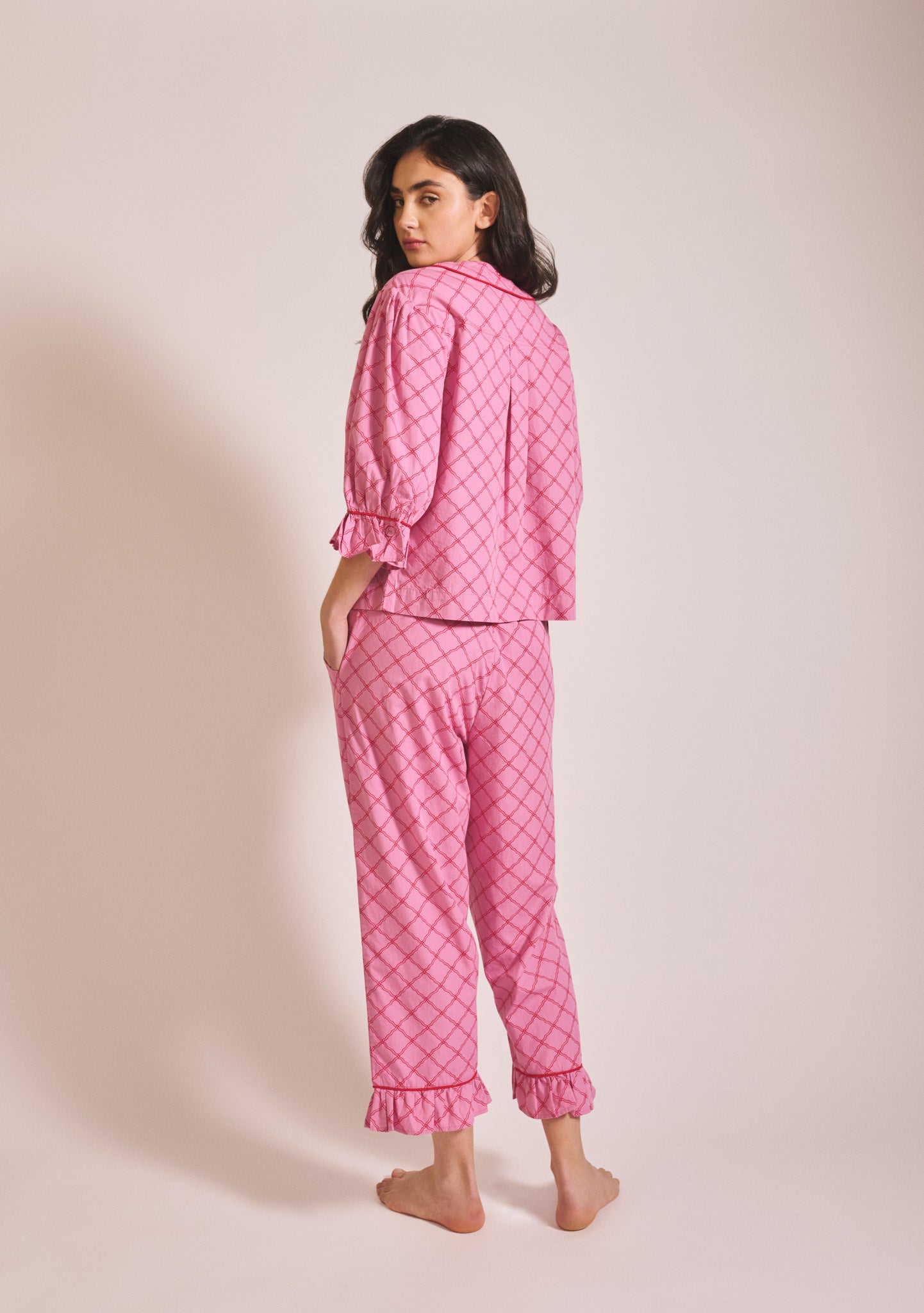 Cropped Cotton Pyjamas in Pink Lattice