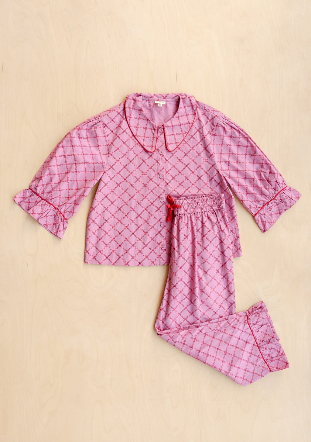 Cropped Cotton Pyjamas in Pink Lattice