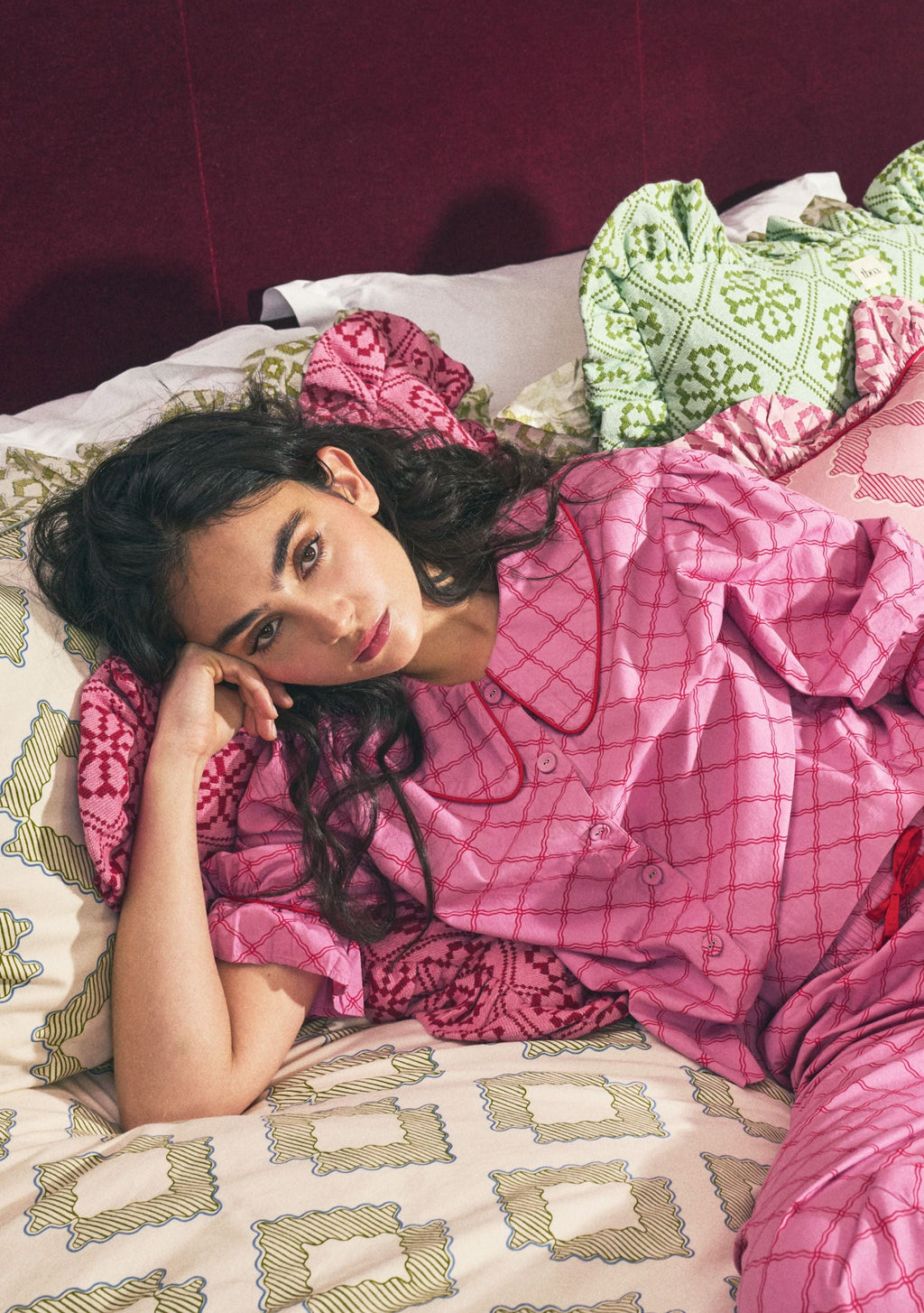 Cropped Cotton Pyjamas in Pink Lattice