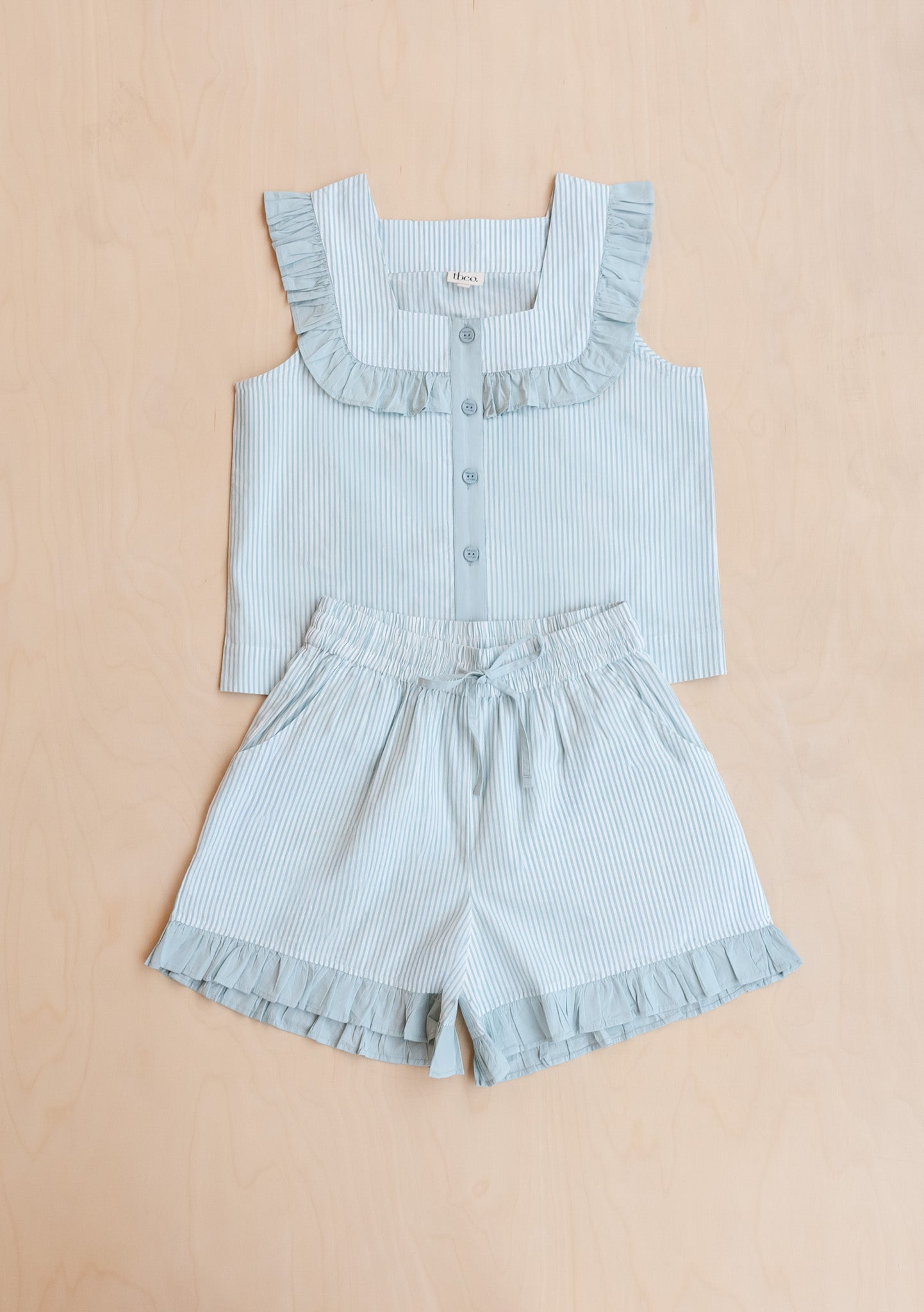 Cotton Pyjamas in Blue Stripe Ruffle