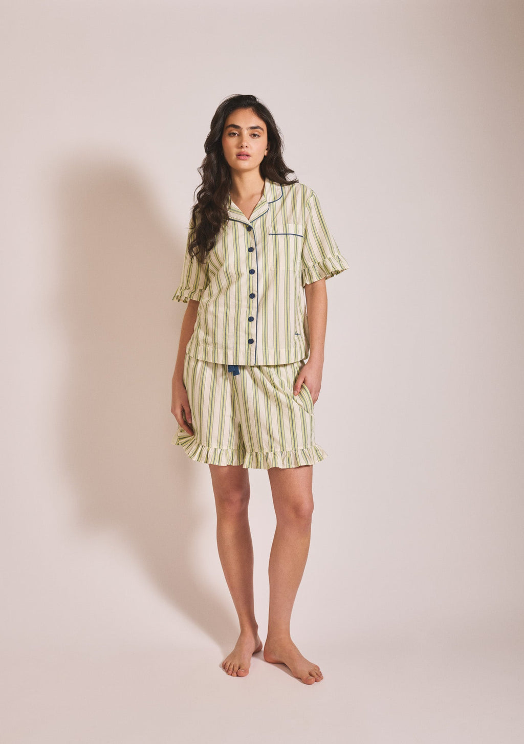 Cotton Pyjamas in Olive Stripe Ruffle