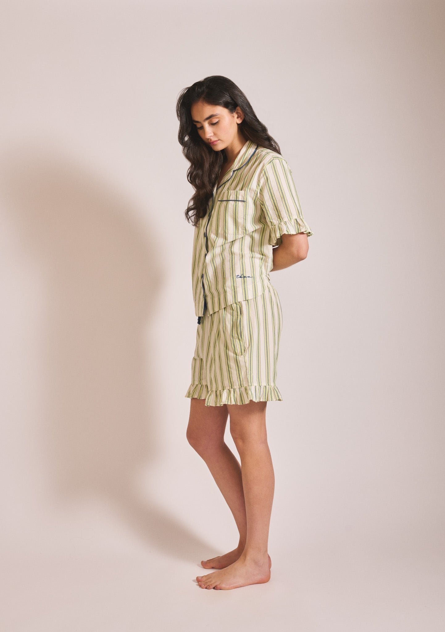 Cotton Pyjamas in Olive Stripe Ruffle