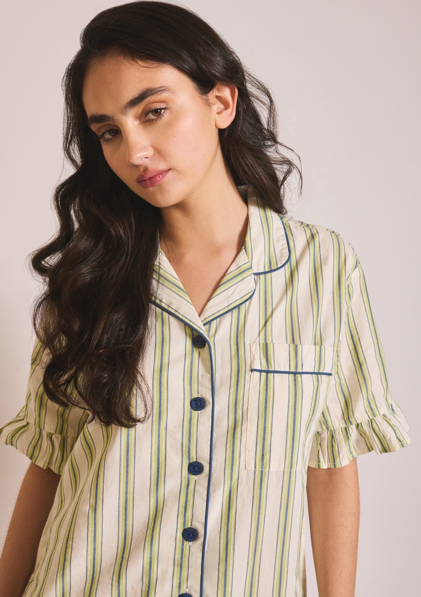 Cotton Pyjamas in Olive Stripe Ruffle