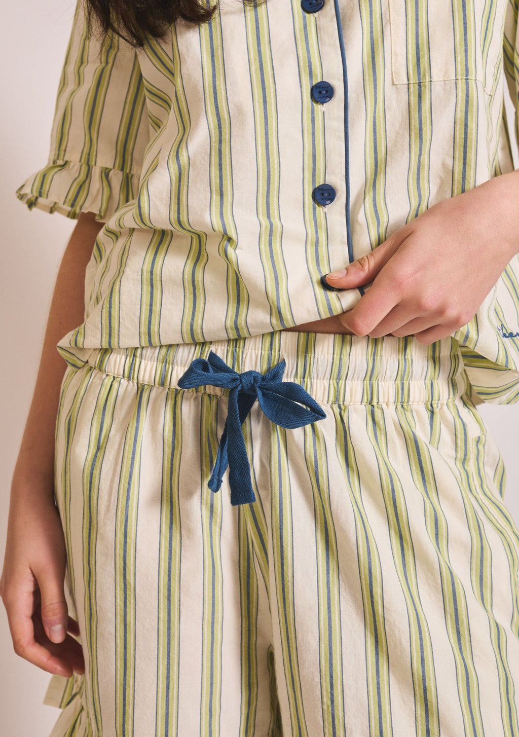 Cotton Pyjamas in Olive Stripe Ruffle