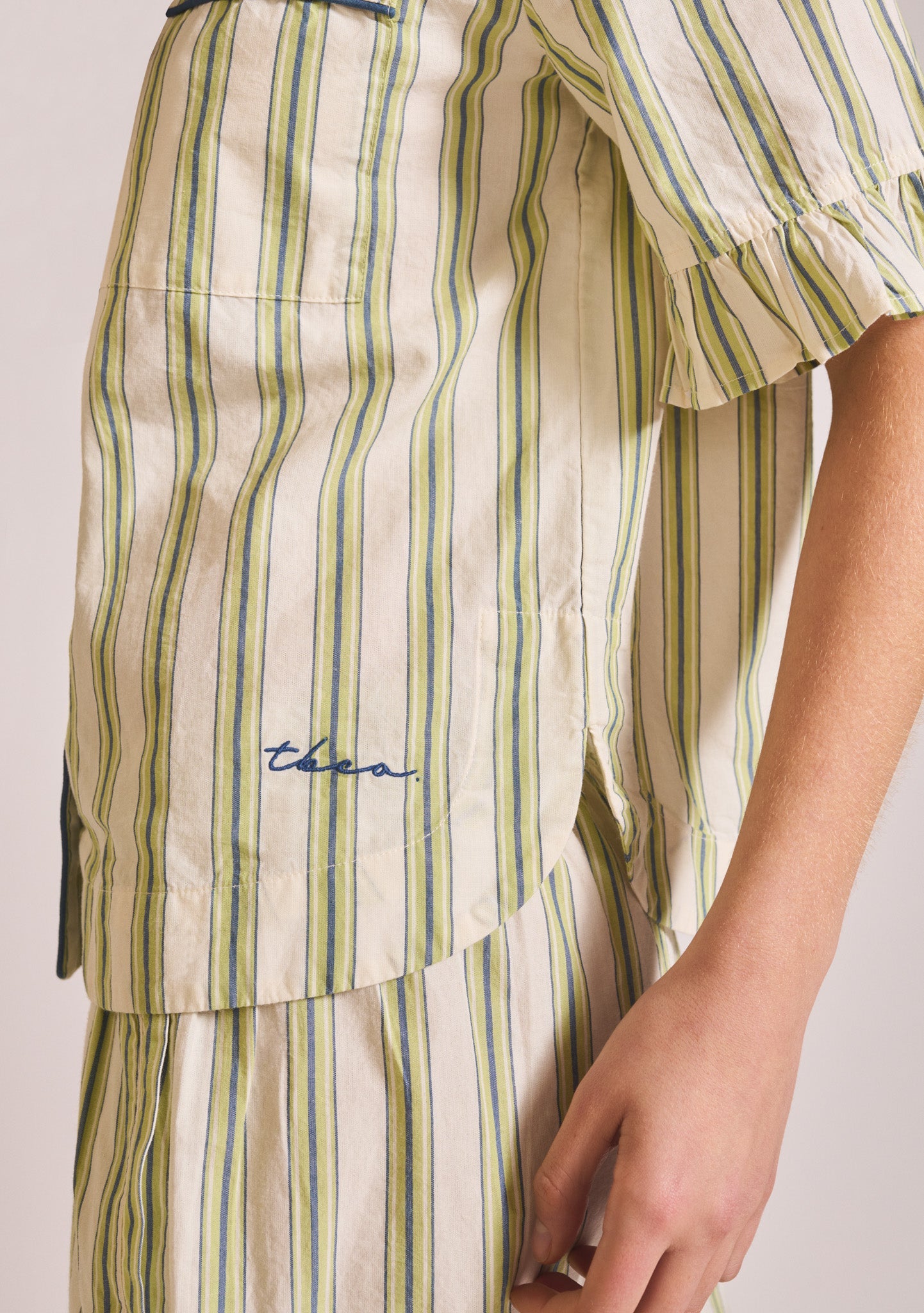 Cotton Pyjamas in Olive Stripe Ruffle