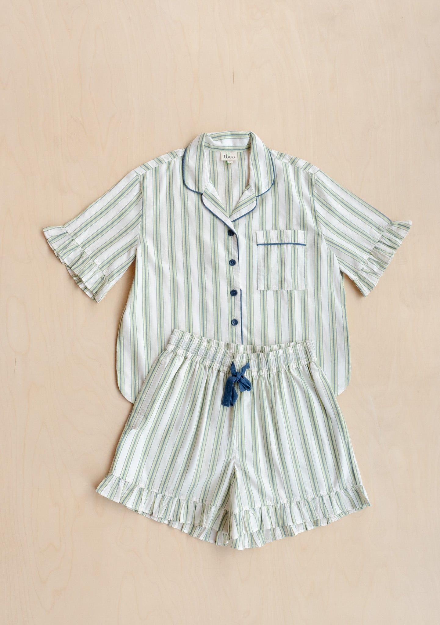 Cotton Pyjamas in Olive Stripe Ruffle
