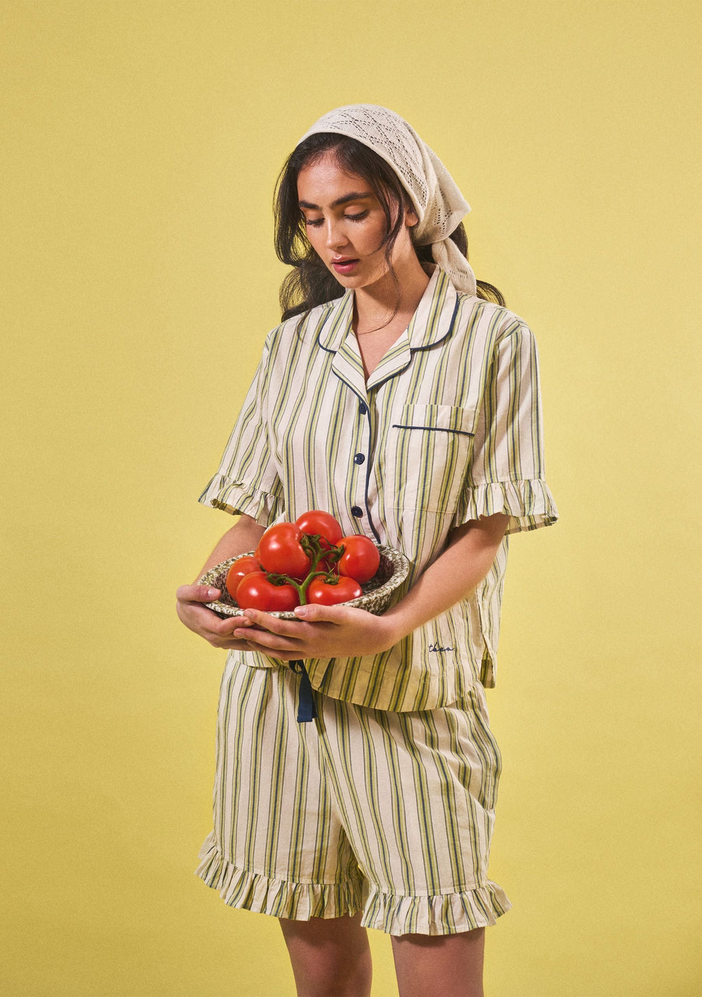Cotton Pyjamas in Olive Stripe Ruffle