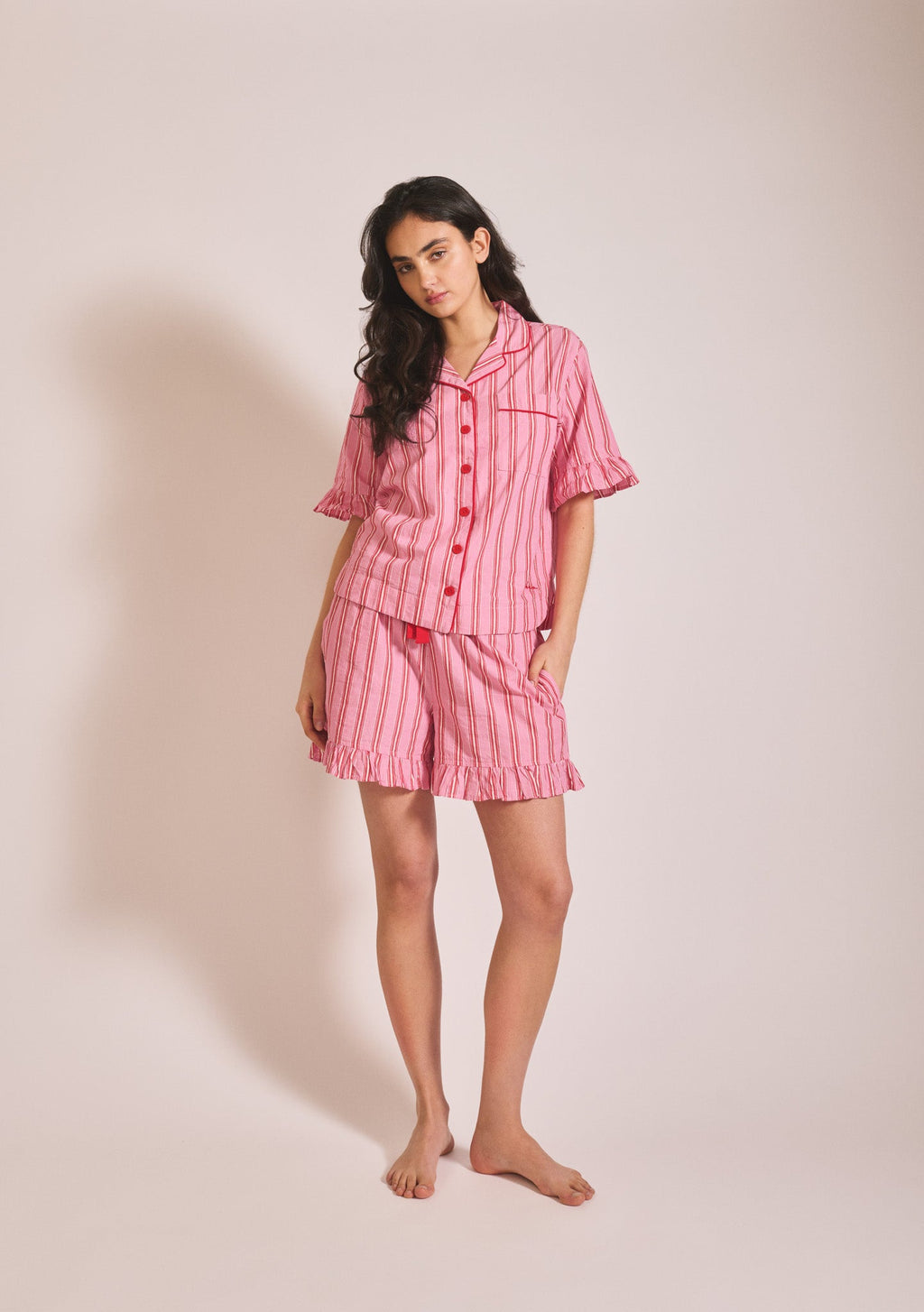 Cotton Pyjamas in Red Stripe Ruffle
