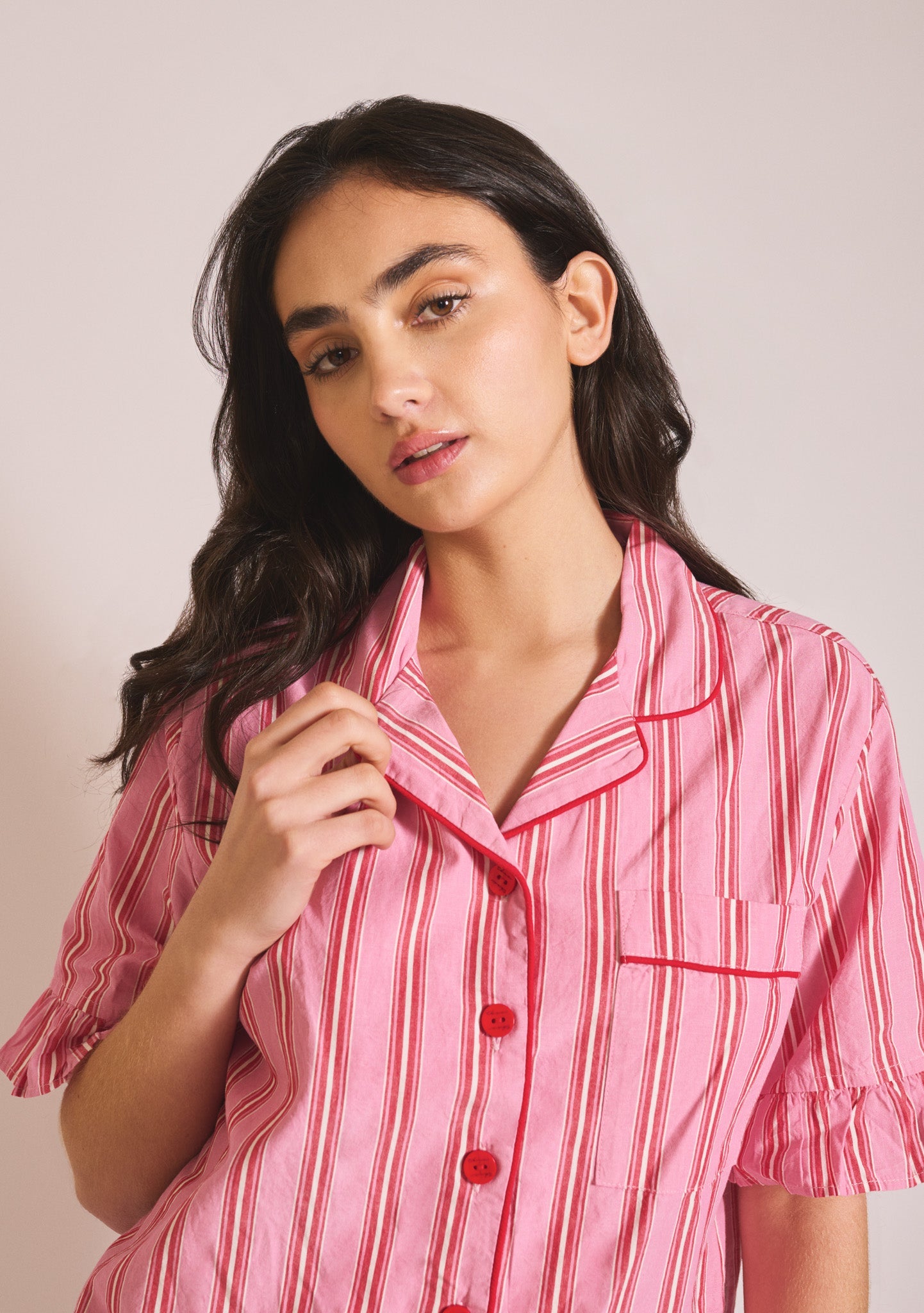 Cotton Pyjamas in Red Stripe Ruffle