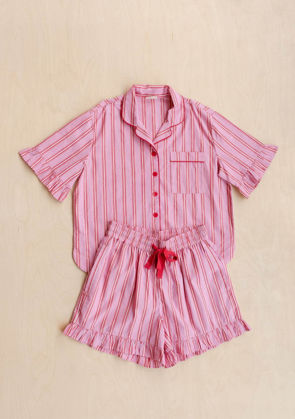 Cotton Pyjamas in Red Stripe Ruffle