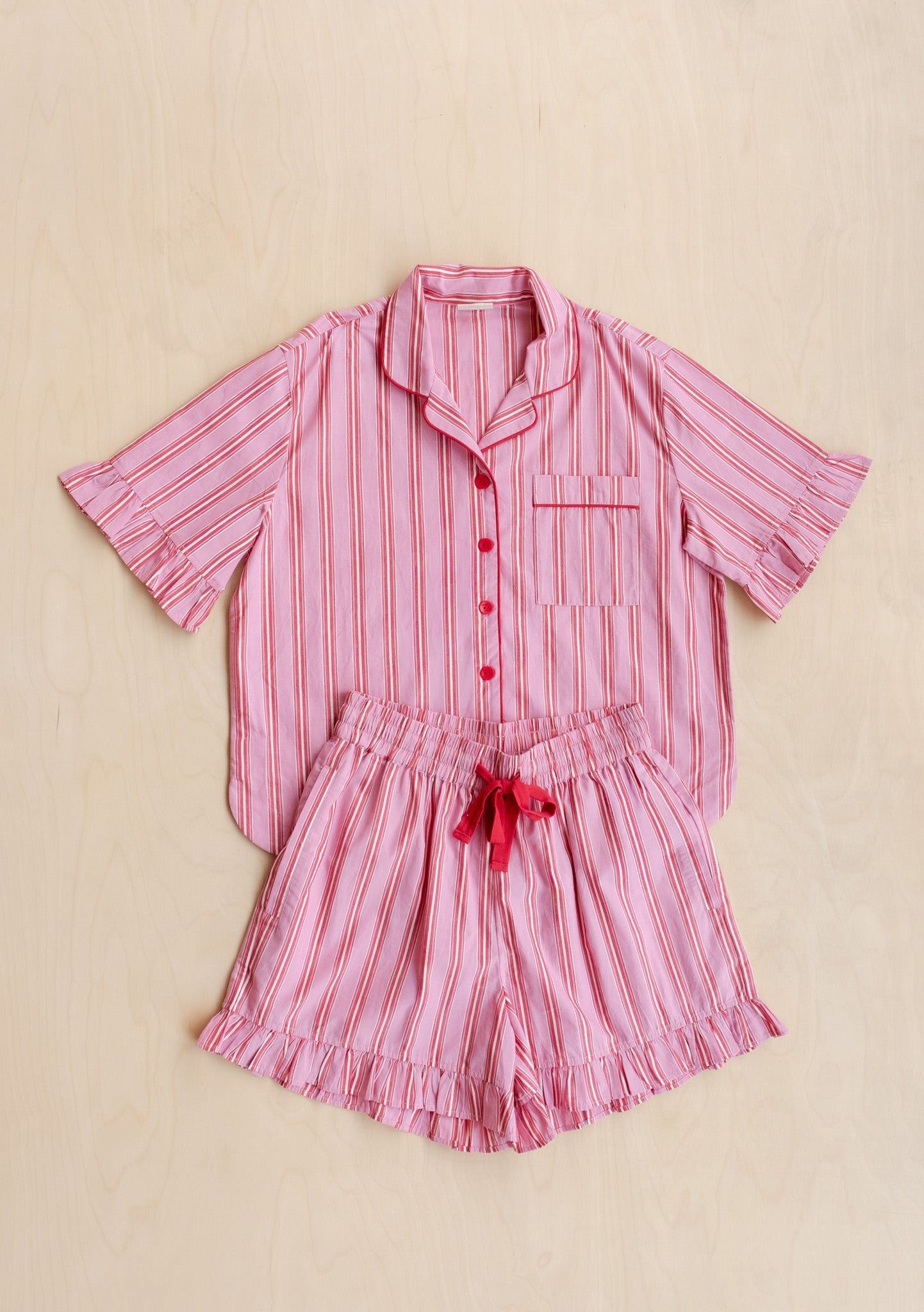 Cotton Pyjamas in Red Stripe Ruffle