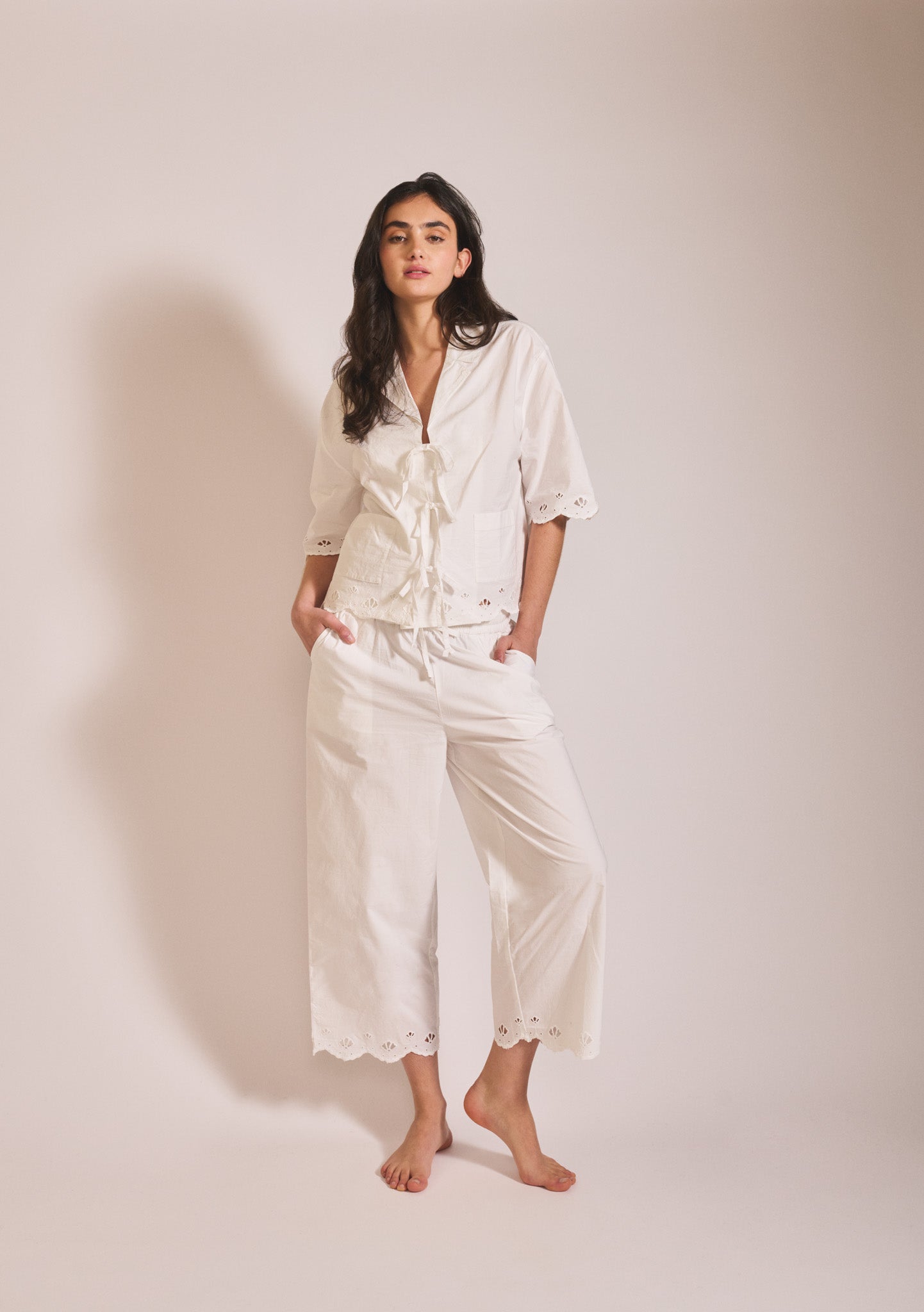 Cropped Cotton Pyjamas in White Shell