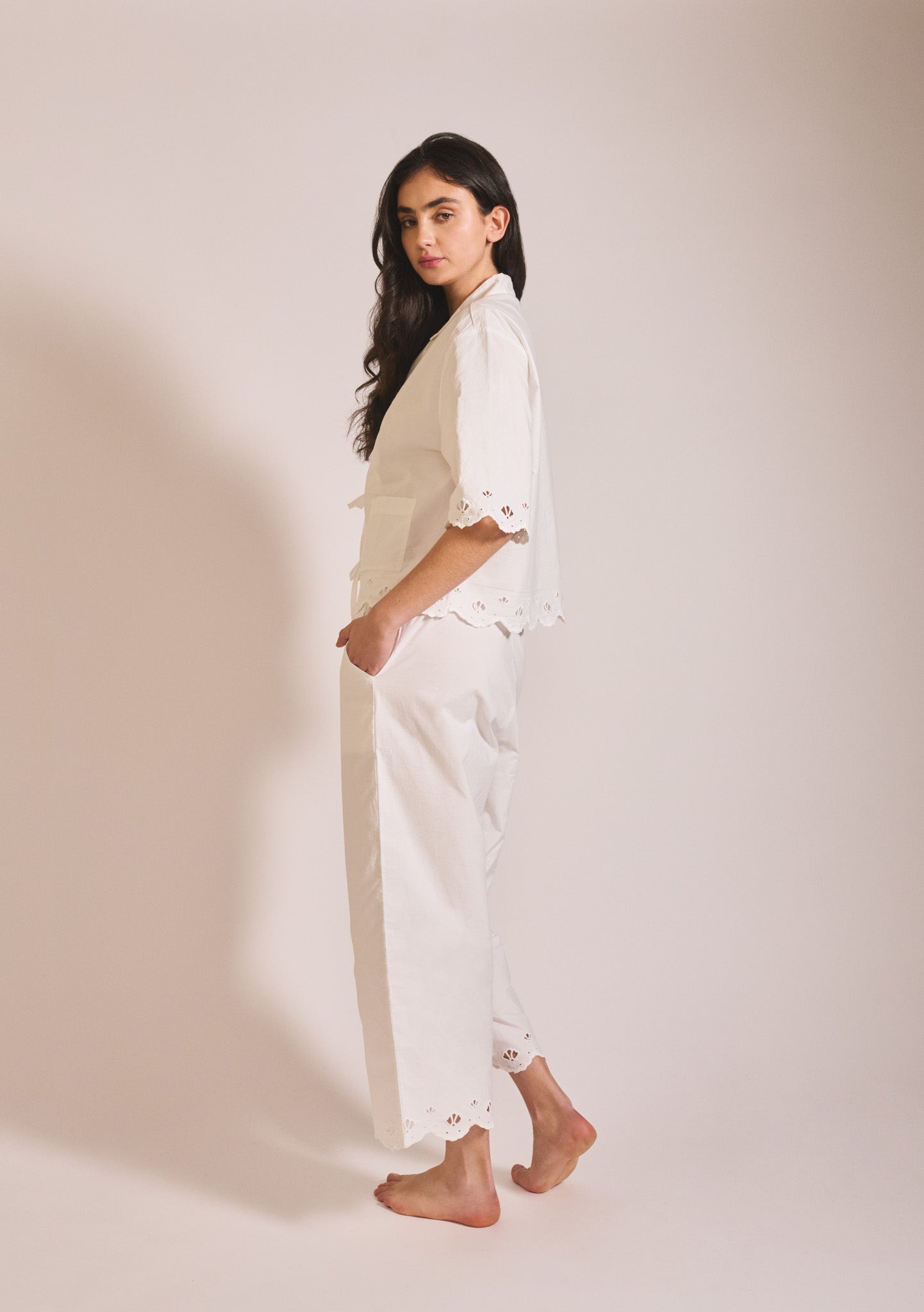 Cropped Cotton Pyjamas in White Shell