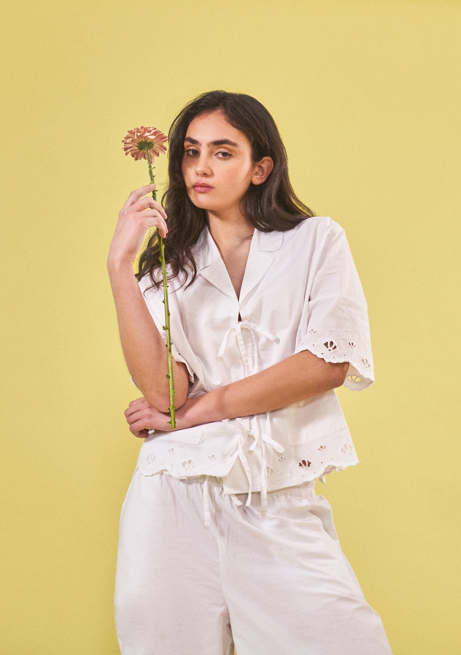 Cropped Cotton Pyjamas in White Shell