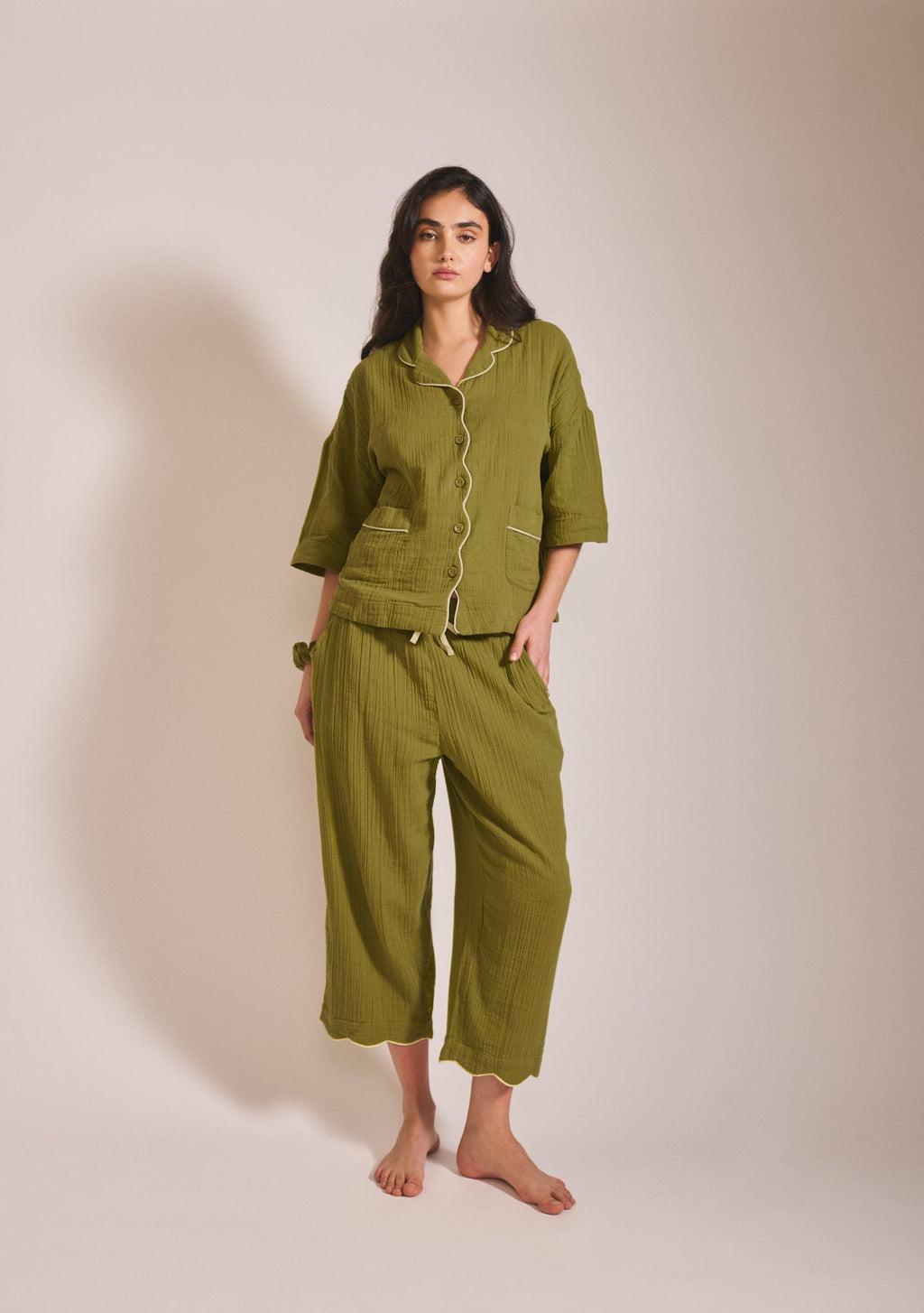 Cropped Cotton Pyjamas in Green