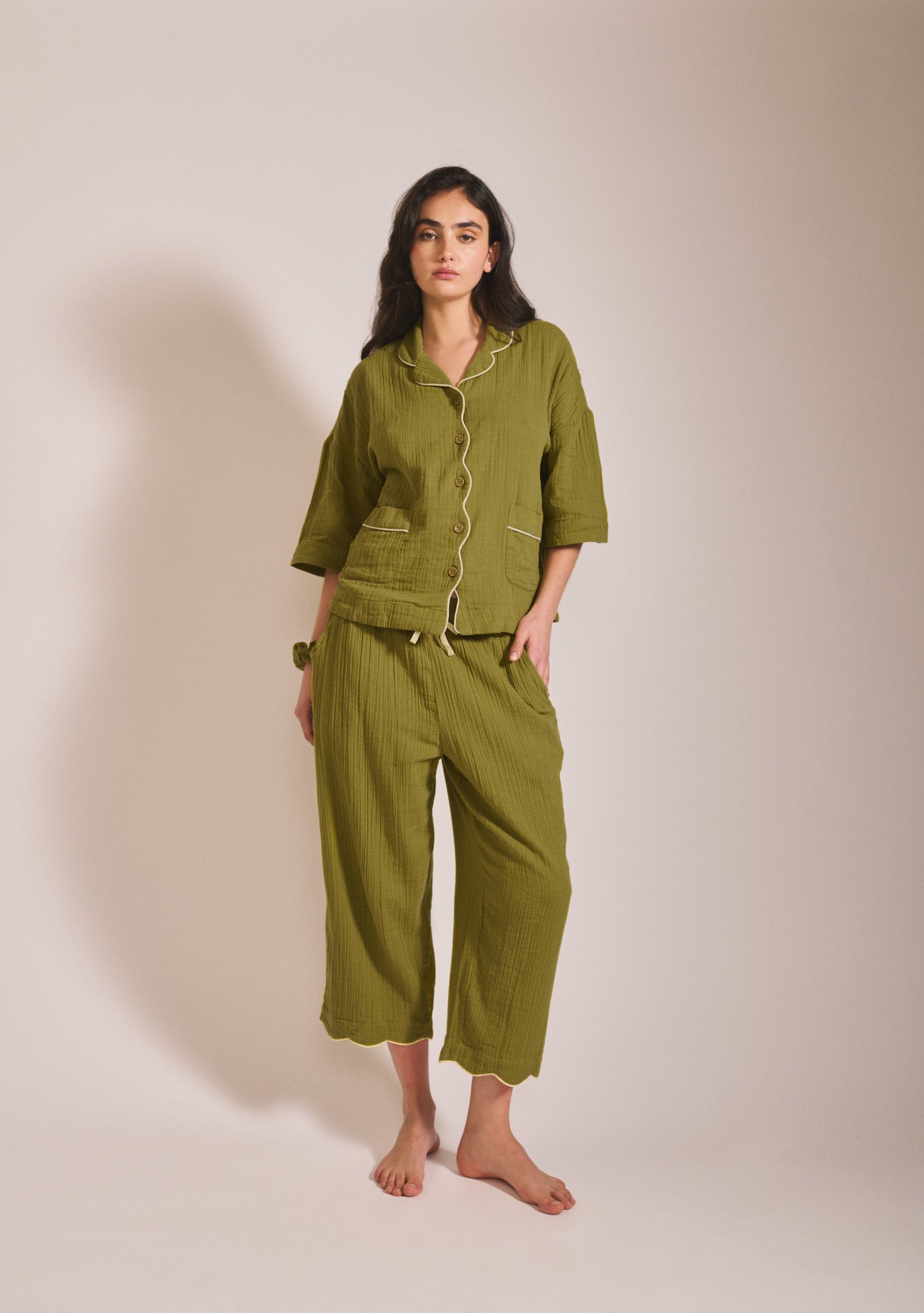 Cropped Cotton Pyjamas in Green