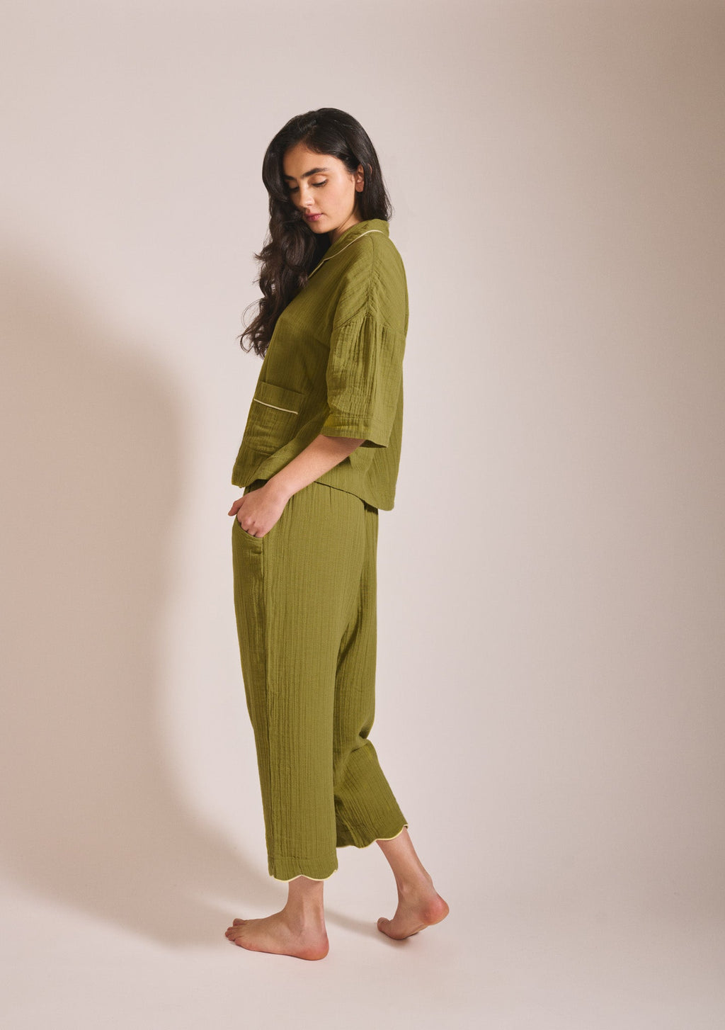 Cropped Cotton Pyjamas in Green