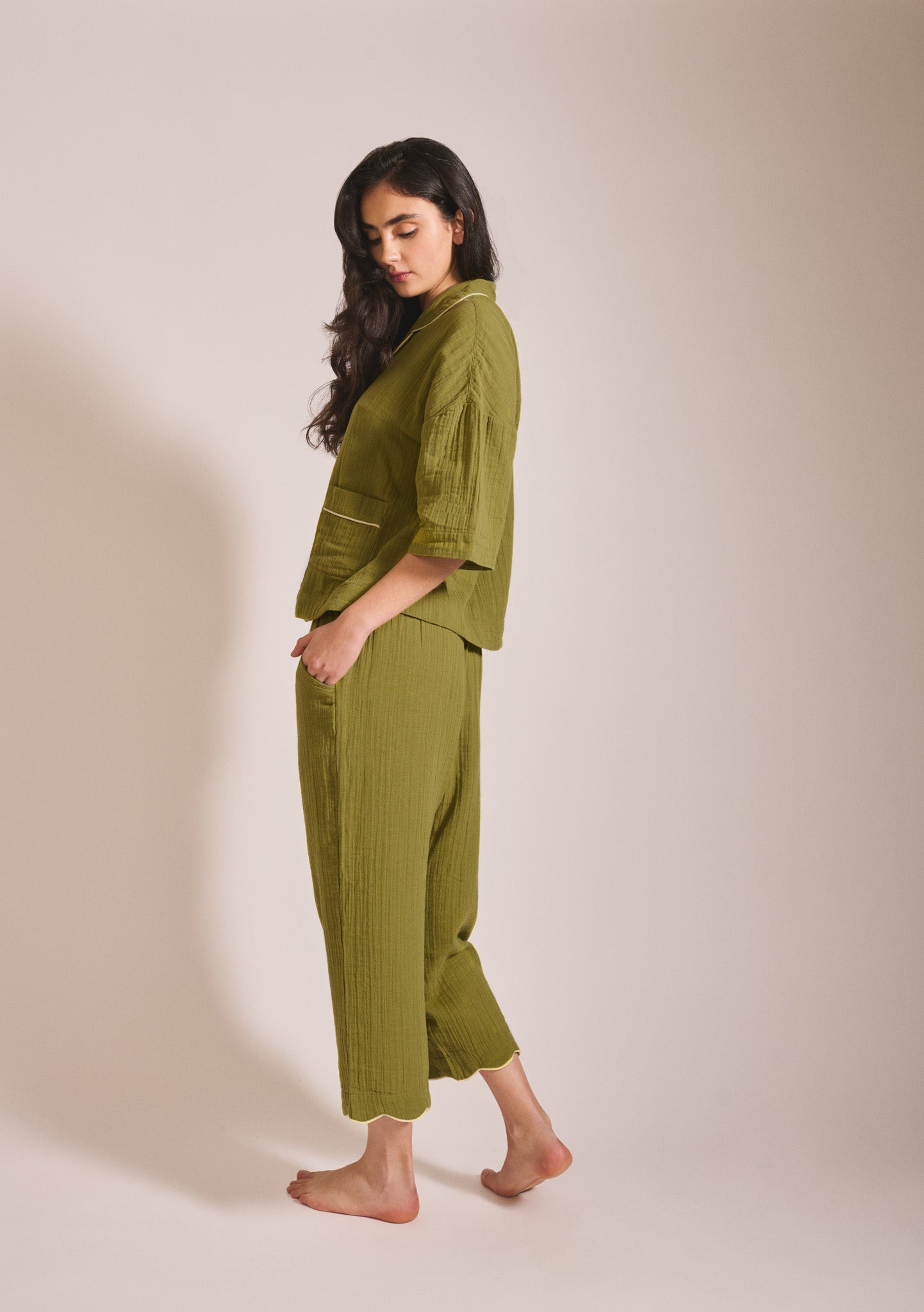 Cropped Cotton Pyjamas in Green