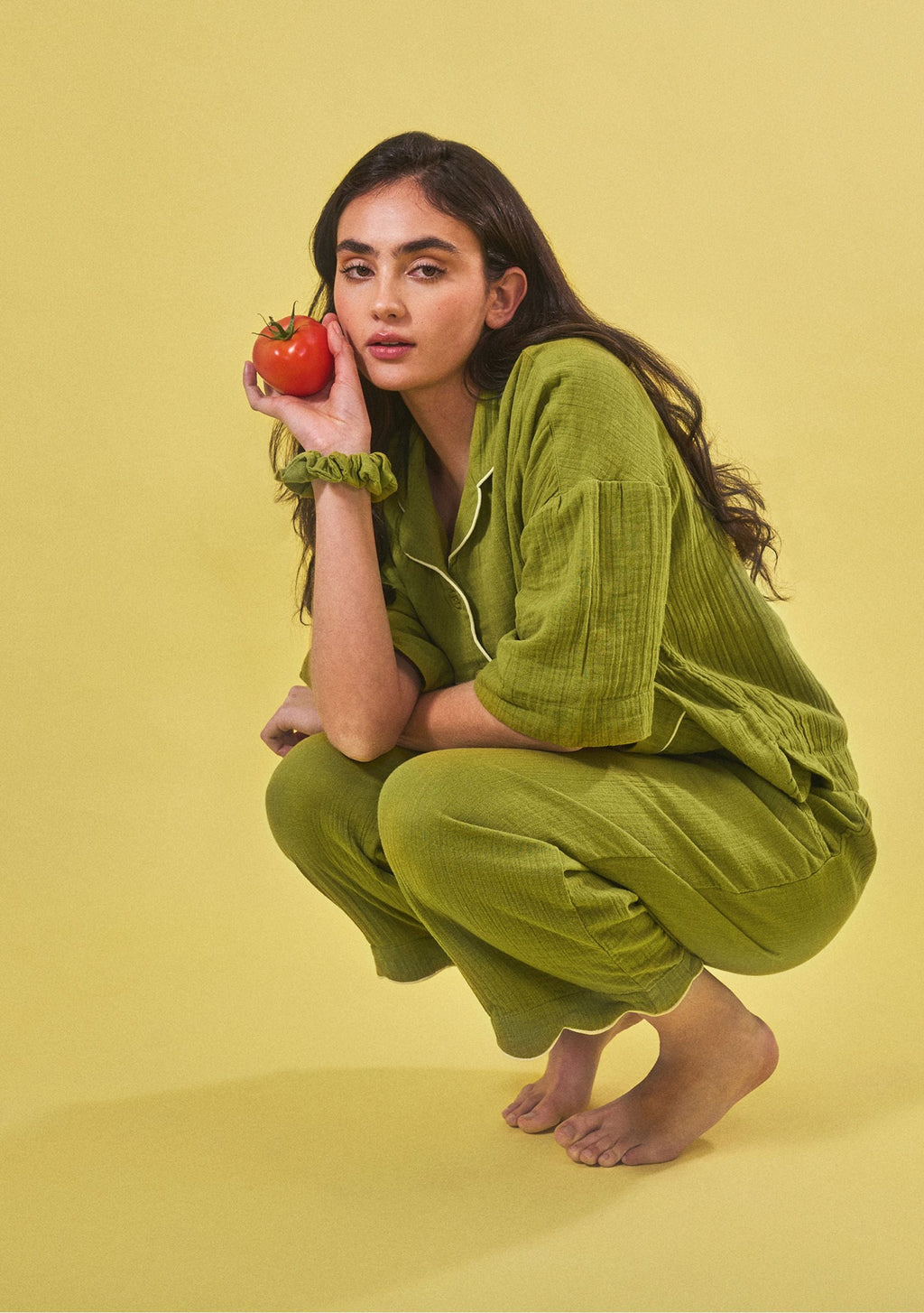 Cropped Cotton Pyjamas in Green