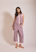 Cropped Cotton Pyjamas in Burgundy Stripe Ruffle
