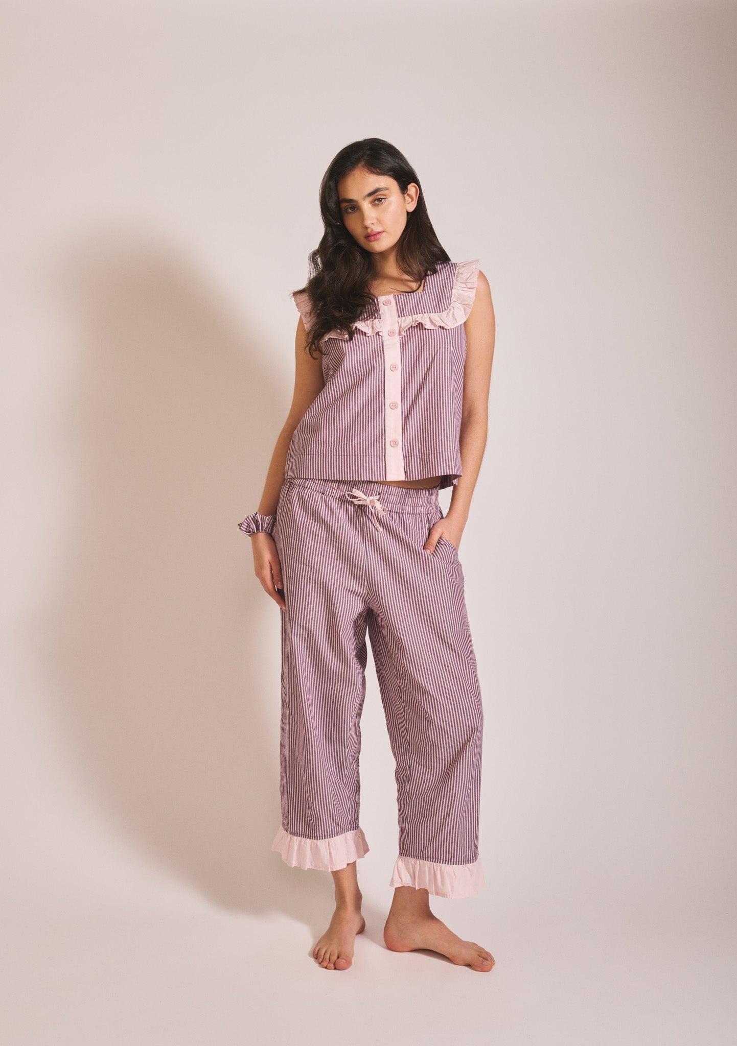 Cropped Cotton Pyjamas in Burgundy Stripe Ruffle