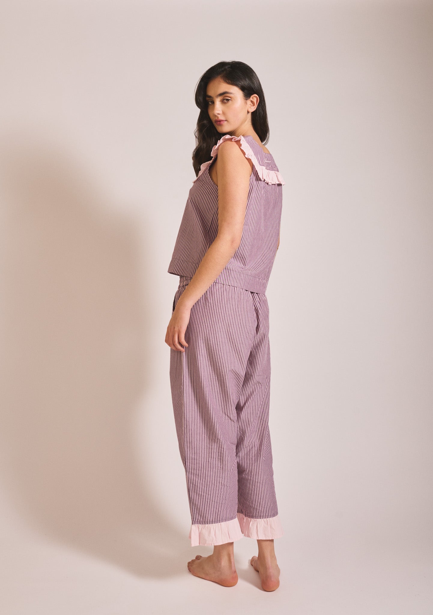 Cropped Cotton Pyjamas in Burgundy Stripe Ruffle