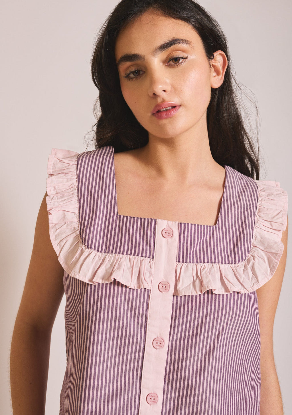Cropped Cotton Pyjamas in Burgundy Stripe Ruffle