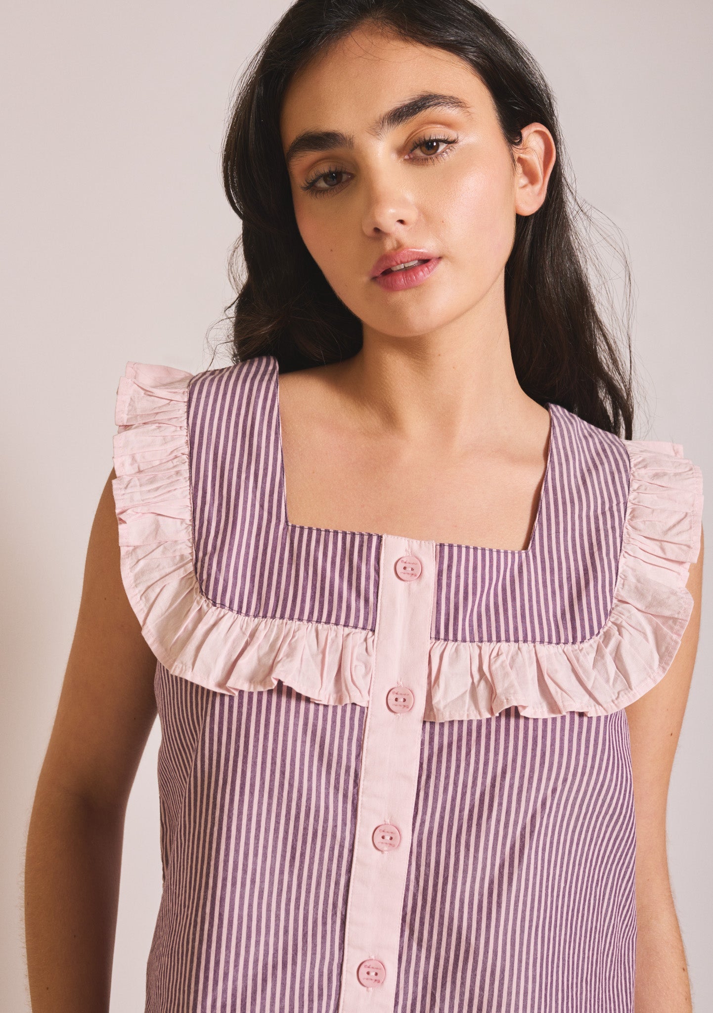 Cropped Cotton Pyjamas in Burgundy Stripe Ruffle